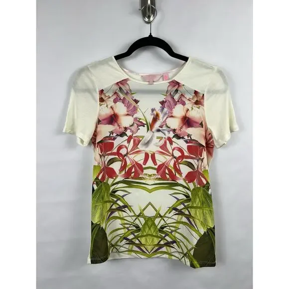 Ted Baker Renella Top, Floral Graphic, Ivory, Polyester Viscose Tee Blouse - Picture 2 of 8